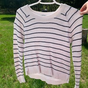 Knitted Crewneck Sweater - White with Navy Stripes - XS